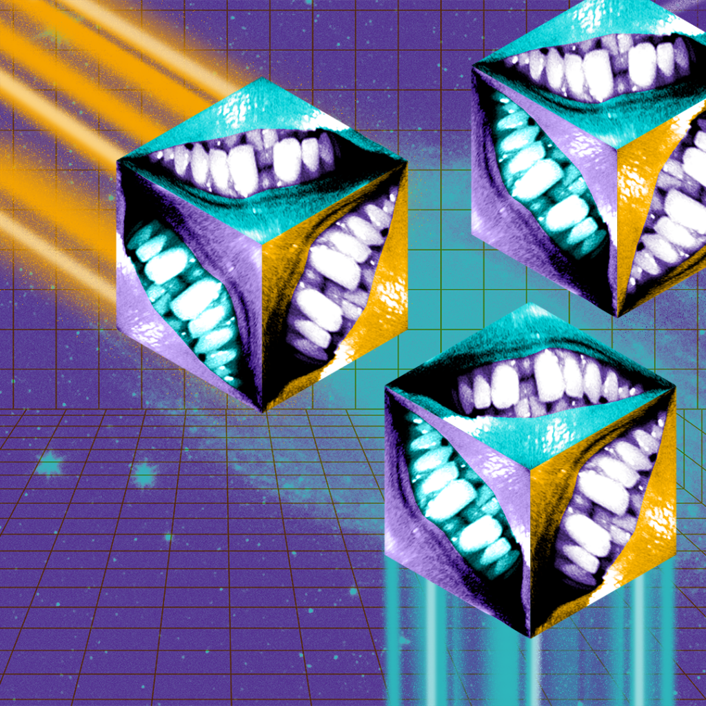 Cubes made of mouths flying through space, shooting towards each other, leaving colorful trails.