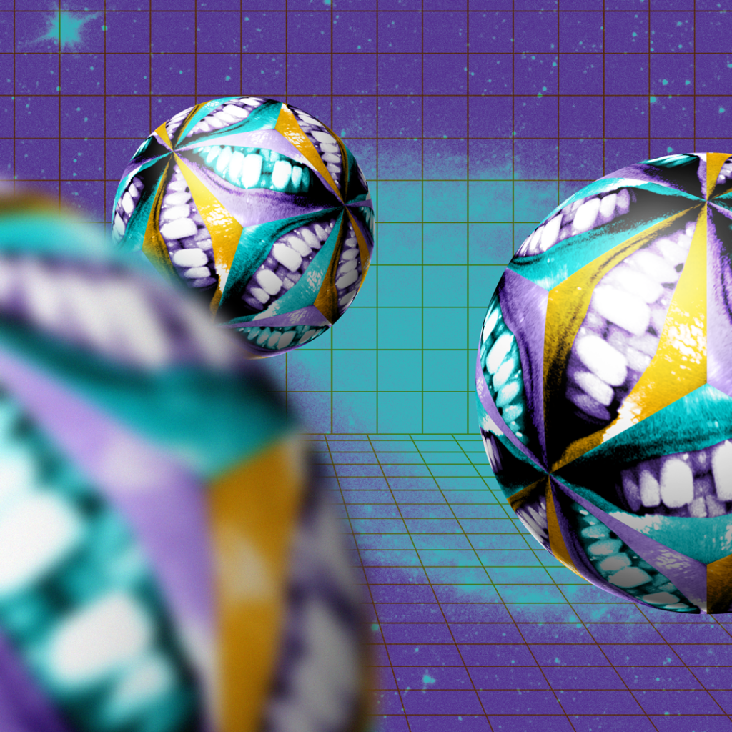 Three spheres made up a pattern of mouths float through space. One is blurry in the foreground.